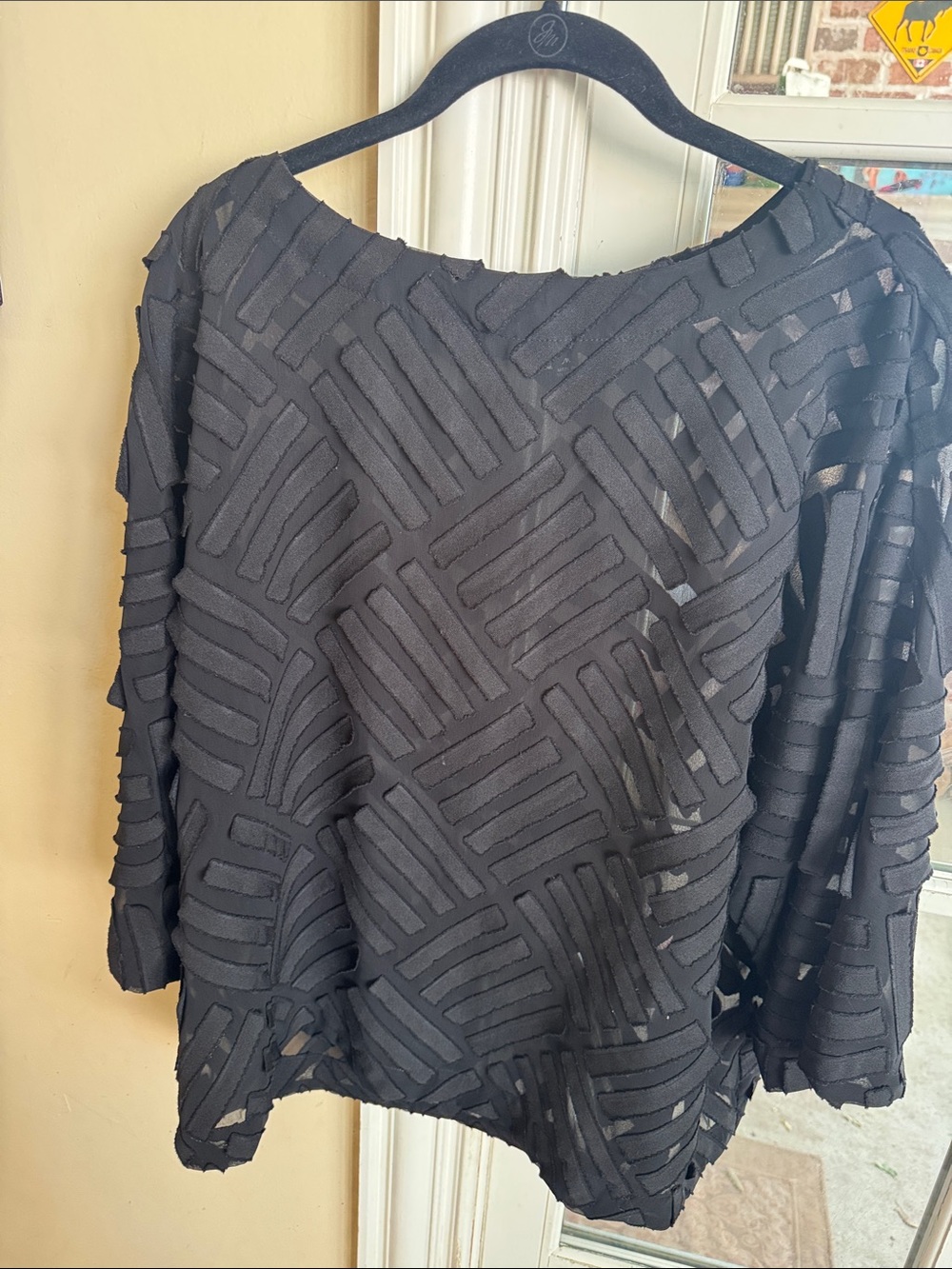Women's Black Sheer Geometric Cutout Long Sleeve Blouse by JJ Medium